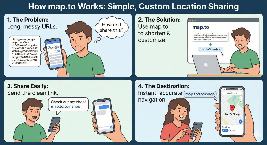 Illustration showing how map.to simplifies location sharing